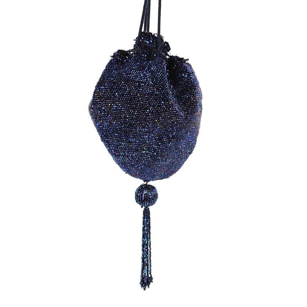 Vintage 1920s Iridescent Blue Beaded Reticule Drawstring Purse Tassel